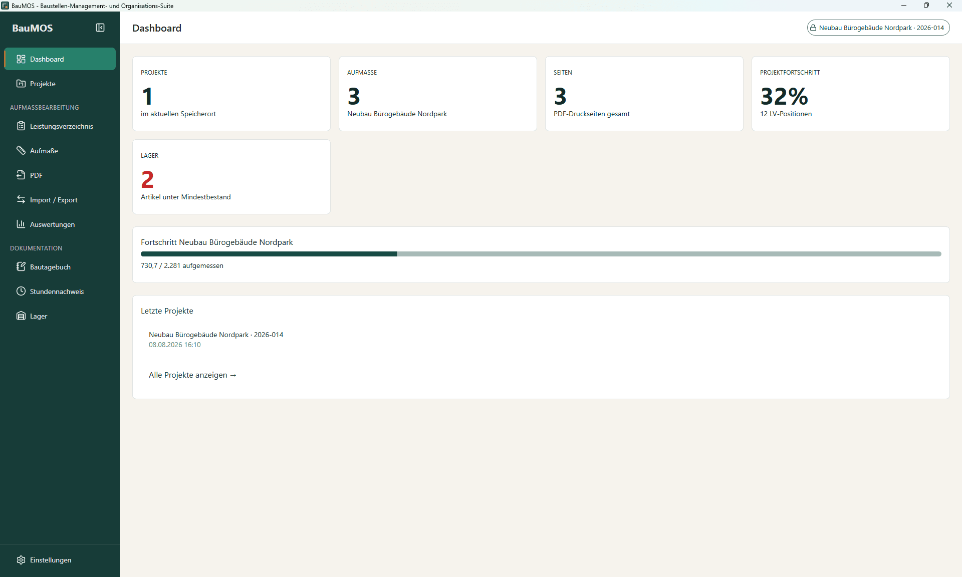 BauMOS Projekt-Dashboard mit Fortschritt, Aufmaßen und Lagerwarnungen
